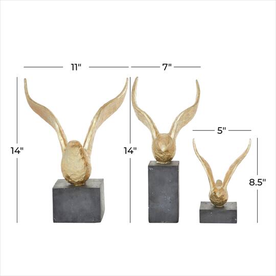Set of 3 Gold Polystone Birds Sculpture 14", 15", 9"